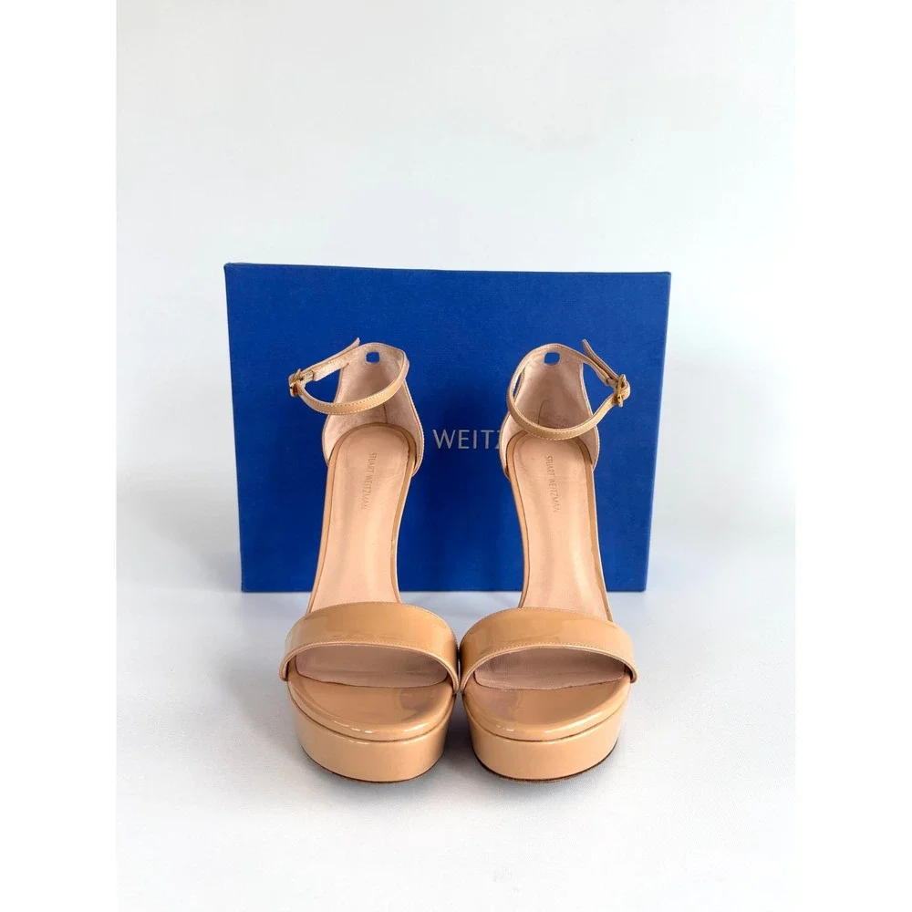 Stuart Weitzman Nude Patent Leather Platform Ankle Strap Sandals Heels Size 7.5